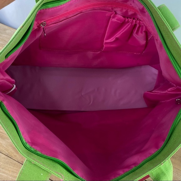 Super cute preppy green & pink flip flop print canvas tote bag with bow - Picture 4 of 10